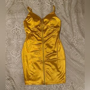 Haute Monde Metallic Mustard Yellow Gold Zip Bodycon Party Mini Dress